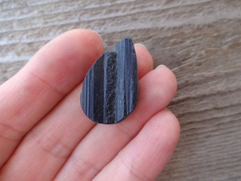 May include: A black teardrop-shaped stone with striations on the surface.