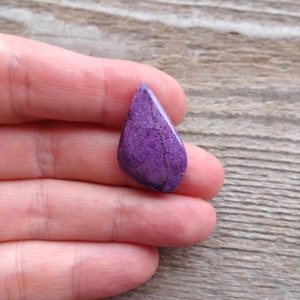 May include: A teardrop-shaped purple gemstone with white veins and a rough, natural finish.