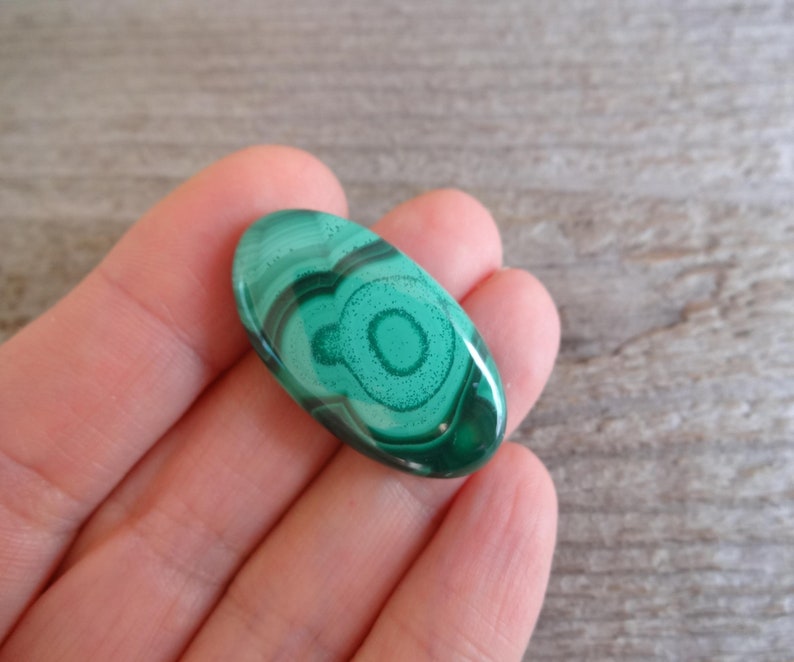 K&ouml;nnte beinhalten: Ein ovaler Malachit-Cabochon in Gr&uuml;n mit einem wirbelnden Muster. Der Stein hat eine dunkelgr&uuml;ne Mitte mit helleren gr&uuml;nen Ringen darum herum.