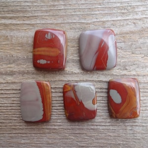 May include: Five polished red, orange, and white jasper cabochons. The cabochons are rectangular and have a smooth, polished surface.