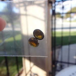 May include: Two oval-shaped, iridescent gemstones with a dark brown to green colour.