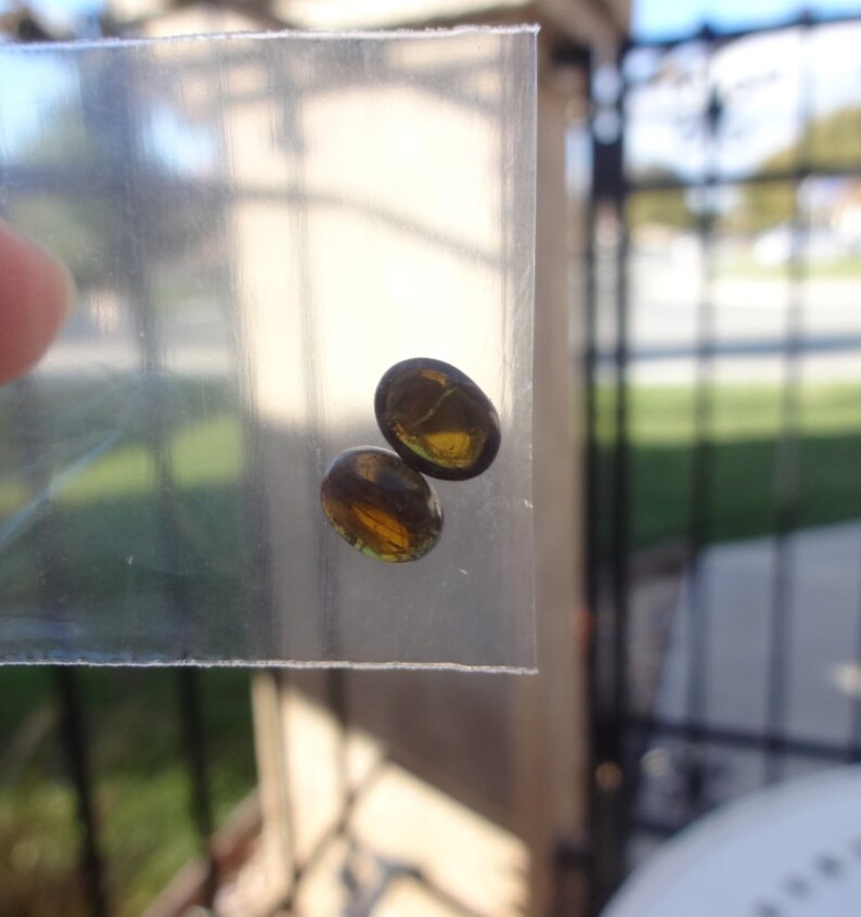 May include: Two oval-shaped, iridescent gemstones with a dark brown to green colour.