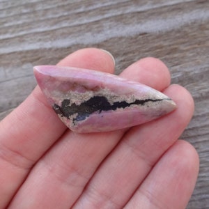 May include: A pink and black cabochon gemstone with a pointed shape. The gemstone has a black band running through the center.