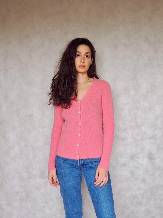 90s Vintage Rose Pink Ribbed Cashmere Cardigan