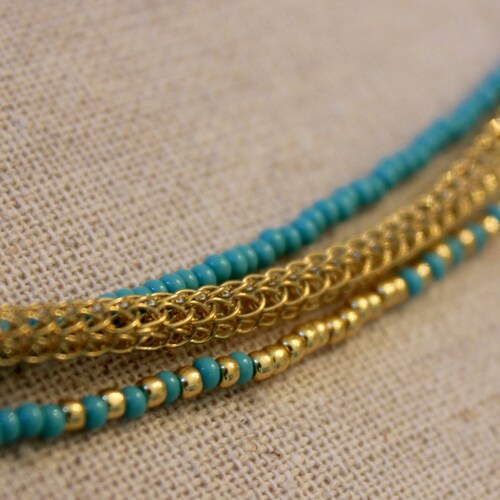 Brass Woven shops Lace Necklace with Turquoise and Gold Seed Beads