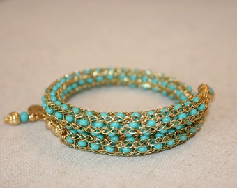 Handgemaakte Turqulise en Gouden Kralen Geweven Kanten Armband