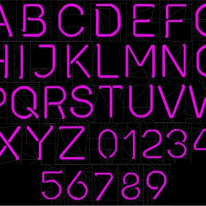 May include: A neon pink alphabet and number font with a geometric design. The letters and numbers are outlined in a bold, neon pink color against a black background.