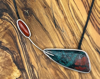 Sonora Sunrise and Red Jasper Sterling Silver Necklace: Mid-Century Minimal Asymmetric Pendant