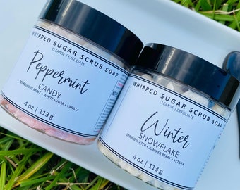 4 oz | Christmas | Whipped Sugar Scrub Soap | Exfoliating | Cleansing | Holiday | Peppermint | Snowflake | Winter Candy Apple | Body Scrub