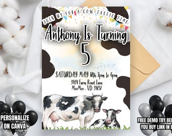 Cow Pattern Farm Theme Birthday Party Invitation Personnaliser personnalisé imprimable téléchargement numérique modèle modifiable Corjl Invite
