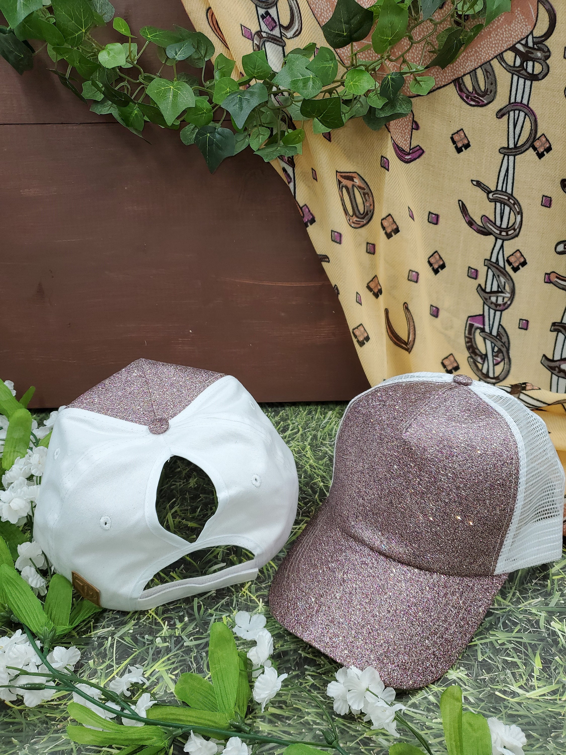 Glitter Ponytail Hats Various Colors/Styles – Confetti/Brown Mesh