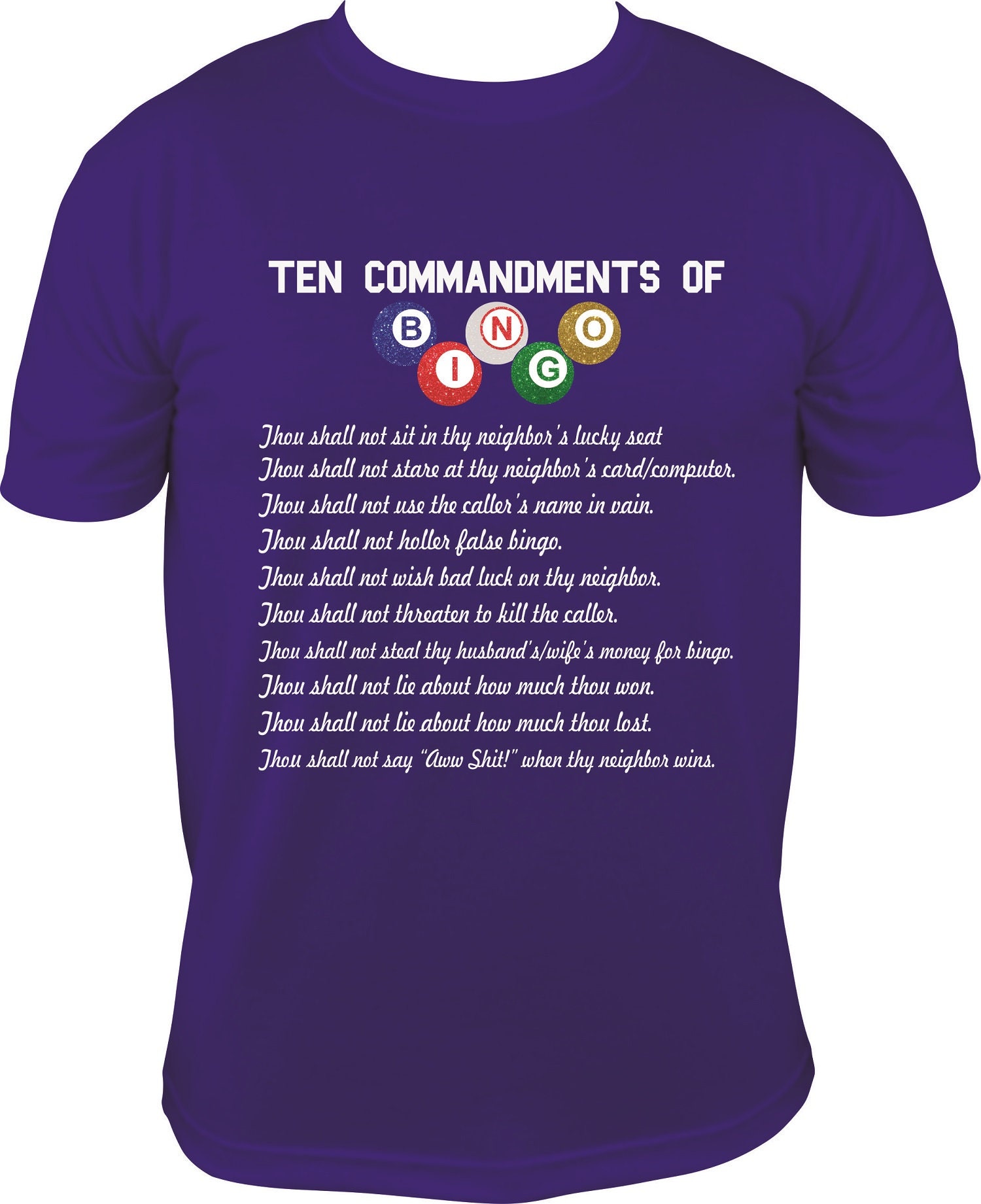 BINGO Ten Commandments T-shirt – S, Purple