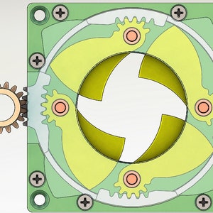 May include: A green and yellow mechanical device with a central rotating fan and four gears. The device is mounted on a green base with screws.
