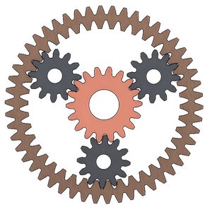 May include: Three interlocking gears, one brown, one orange, and one gray. The gears are all different sizes and have teeth around the edges.