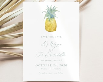 Custom Watercolor Pineapple Painting Save The Dates- Coastal Wedding Invitations, Rehearsal Dinner Invitations