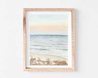 Watercolor Beach Painting Print, “Pale Sunset”, Sunset Art, Virginia Beach