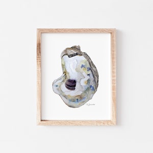 May include: A watercolor painting of an oyster shell with a purple interior. The shell is a light brown color with blue and green accents. The painting is framed in a light wood frame.
