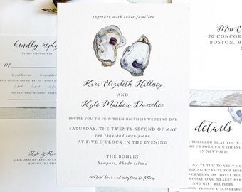 Oyster Themed Wedding Suite, Beach Nautical Wedding Invitations, Custom Traditional Printed Wedding Invites