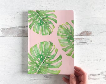 Soft Covered Journal, Watercolor Monstera Print, Pink and Tropical Leaves.