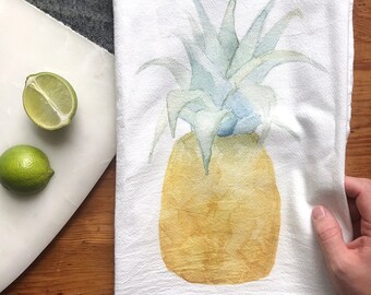 Paños de cocina de tela de saco con estampado de piñas en acuarela, paños de cocina de estilo rústico.
