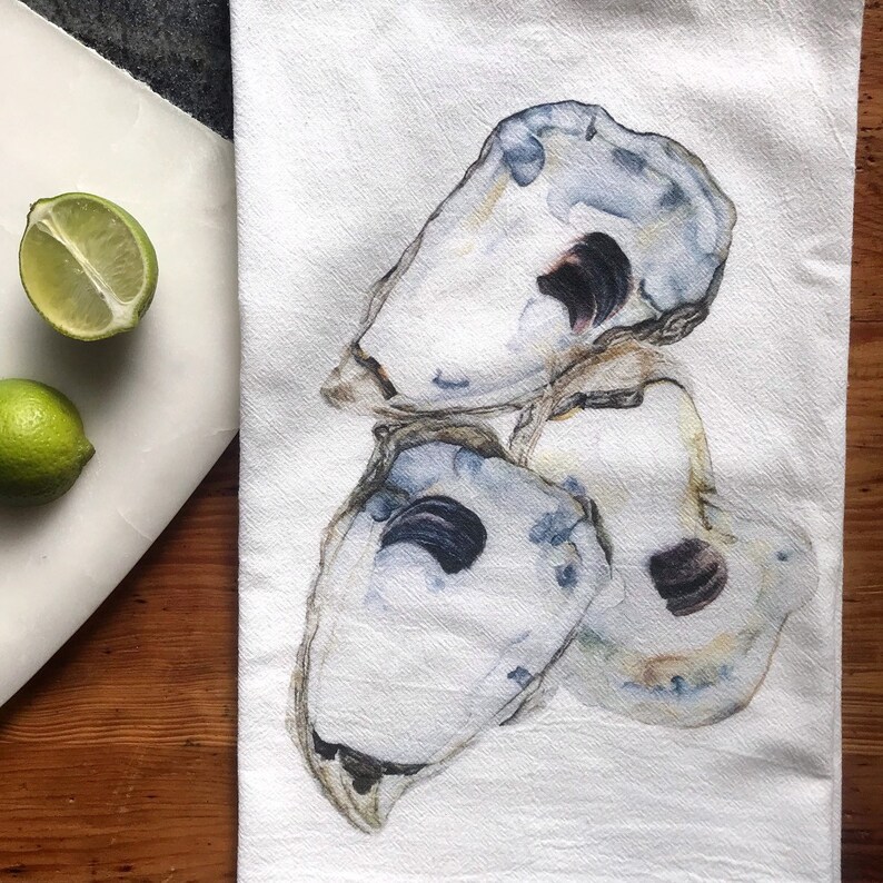 Watercolor Oyster Print Flour Sack Towels, Farmhouse Kitchen Tea Towels image 8