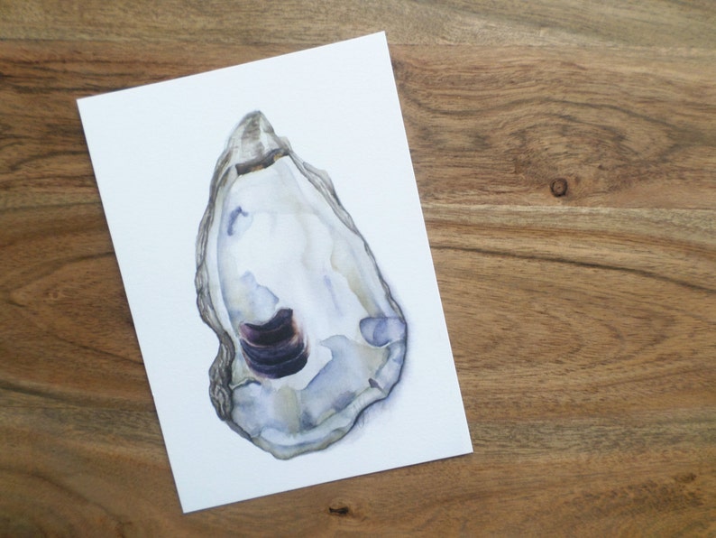 May include: A watercolor painting of an oyster shell with a purple and white interior. The shell is painted in a realistic style and has a light gray background.