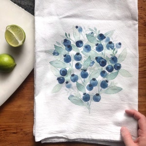 Watercolor Blueberry Print Flour Sack Towels, Farmhouse Kitchen Tea Towels, Mother’s Day
