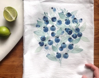 Watercolor Blueberry Print Flour Sack Towels, Farmhouse Kitchen Tea Towels, Mother’s Day