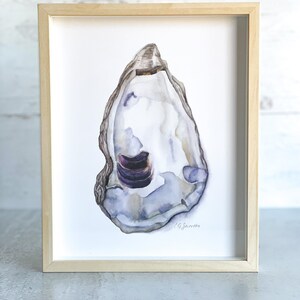 May include: A framed watercolor painting of a single oyster shell with a purple and blue interior. The shell is painted in a realistic style with subtle shading and texture. The artist's signature, "G. Saucier", is visible in the lower right corner.