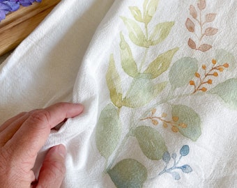 Toalla de harina con estampado de eucalipto en acuarela, paño de cocina de algodón rústico, decoración primaveral colorida para la cocina, Día de la Madre