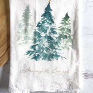 Merry & Bright Holiday Flour Sack Towels, Farmhouse Kitchen Cotton Tea Towels, Watercolor Christmas Tree Print