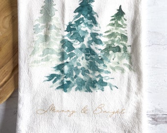 Merry & Bright Holiday Flour Sack Towels, Farmhouse Kitchen Cotton Tea Towels, Watercolor Christmas Tree Print