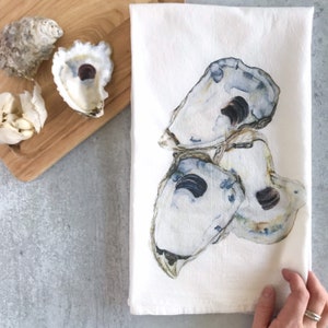 Watercolor Oyster Print Flour Sack Towels, Farmhouse Kitchen Tea Towels