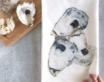 Watercolor Oyster Print Flour Sack Towels, Farmhouse Kitchen Tea Towels