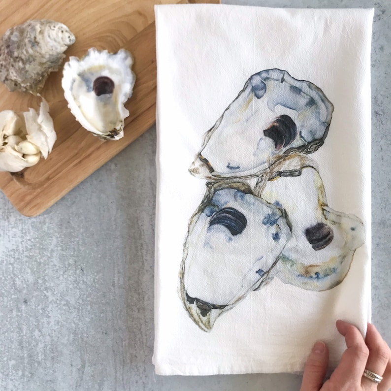 Watercolor Oyster Print Flour Sack Towels, Farmhouse Kitchen Tea Towels image 1