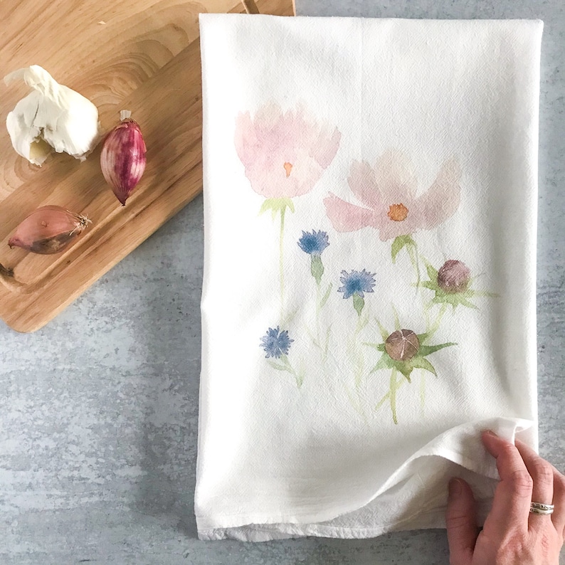 Watercolor Wildflower Print Flour Sack Towels, Farmhouse Kitchen Cotton Tea Towels, Colorful Spring Kitchen Decor, Mothers Day image 1