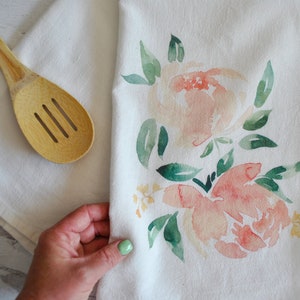 Watercolor Pink Peonies Print Flour Sack Towels, Farmhouse Kitchen Tea Towels, Mother’s Day