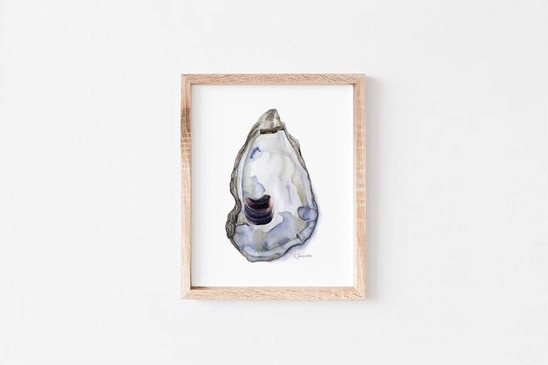 May include: A watercolor painting of an oyster shell with a purple interior. The shell is light gray with a blue tint and is framed in a natural wood frame.