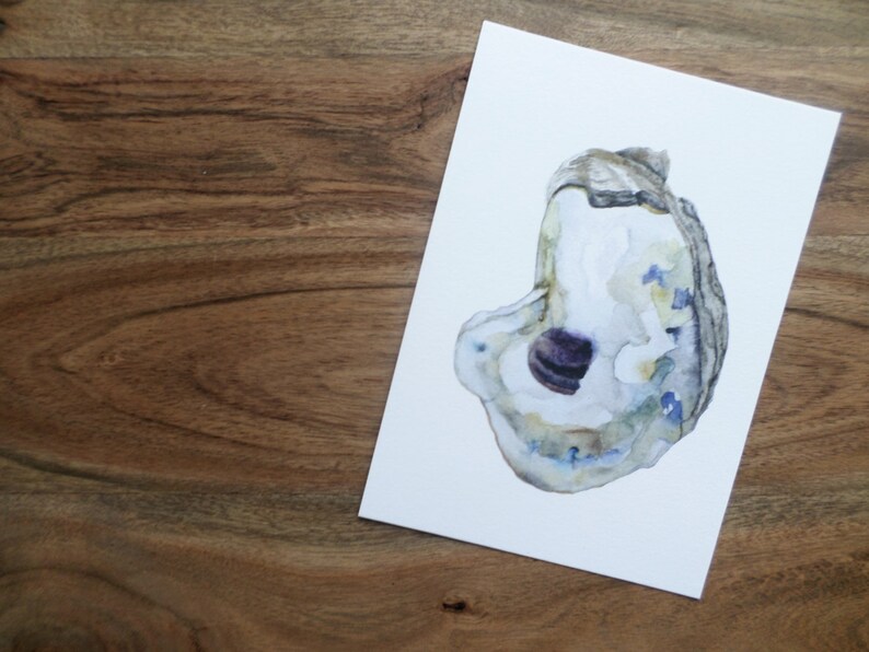 May include: Watercolor painting of an oyster shell with a purple and white interior. The shell is painted in shades of blue, green, and brown.