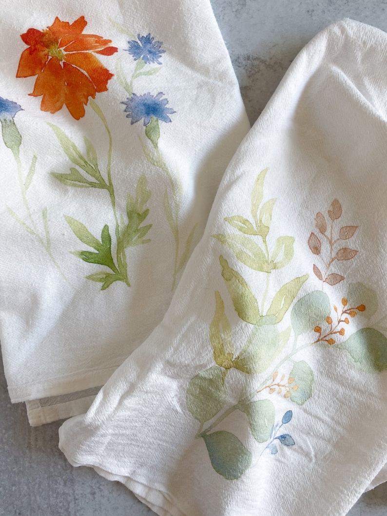 Set of 2 Watercolor flour sack kitchen tea towels Mothers Day Gift Idea image 2