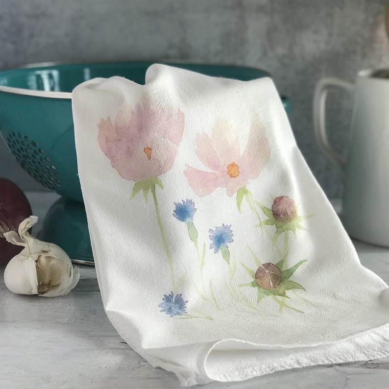 Watercolor Wildflower Print Flour Sack Towels, Farmhouse Kitchen Cotton Tea Towels, Colorful Spring Kitchen Decor, Mothers Day image 2