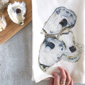 Watercolor Oyster Print Flour Sack Towels, Farmhouse Kitchen Tea Towels image 3