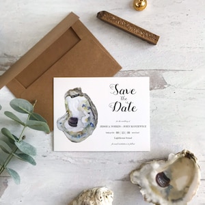 Custom Watercolor Oyster Save the Dates- Beach Wedding Invitations