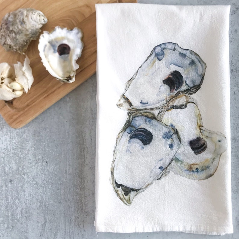 Watercolor Oyster Print Flour Sack Towels, Farmhouse Kitchen Tea Towels image 2