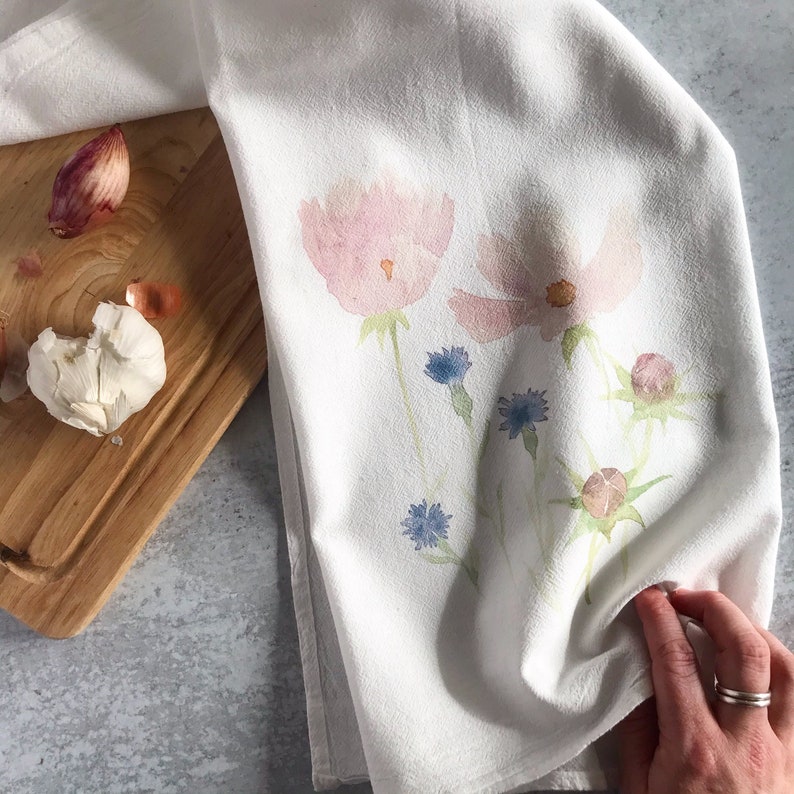 Watercolor Wildflower Print Flour Sack Towels, Farmhouse Kitchen Cotton Tea Towels, Colorful Spring Kitchen Decor, Mothers Day image 3