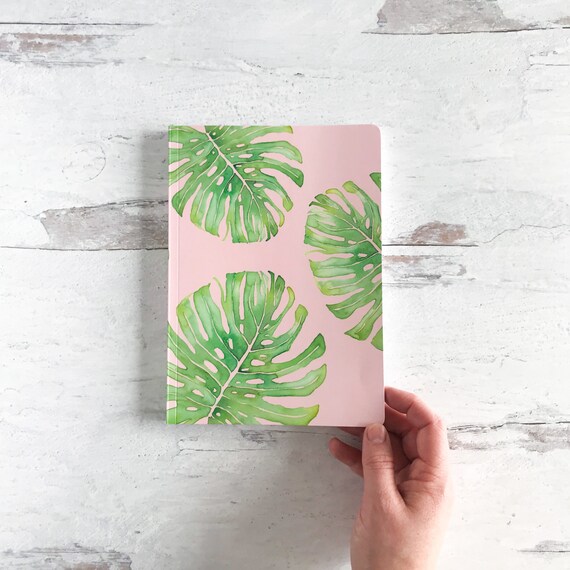 Soft Covered Journal, Watercolor Monstera Print, Pink and Tropical Leaves.