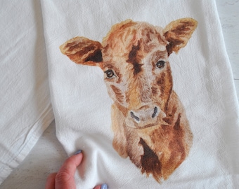 Toalla de tela de saco de harina con estampado de vaca en acuarela