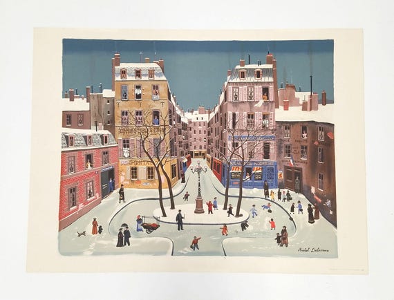 Vintage Michel Delacroix Lithograph of a Snowy City Square Scene