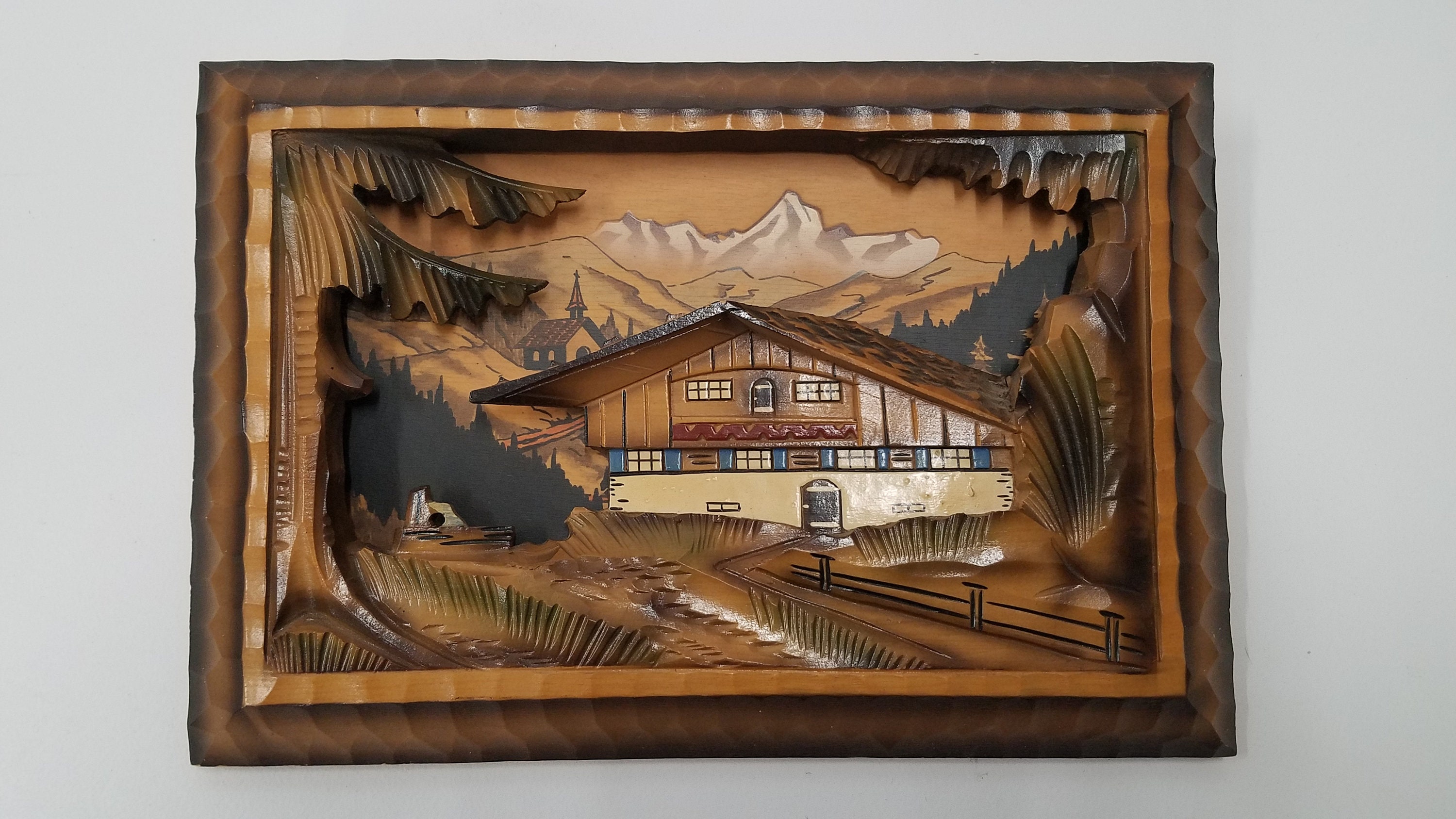 Vintage Black Forest 3D Wood Carving: Hand-painted Chalet Mountain