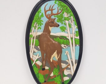 Vintage Painted Plaster Relief Deer Scene
